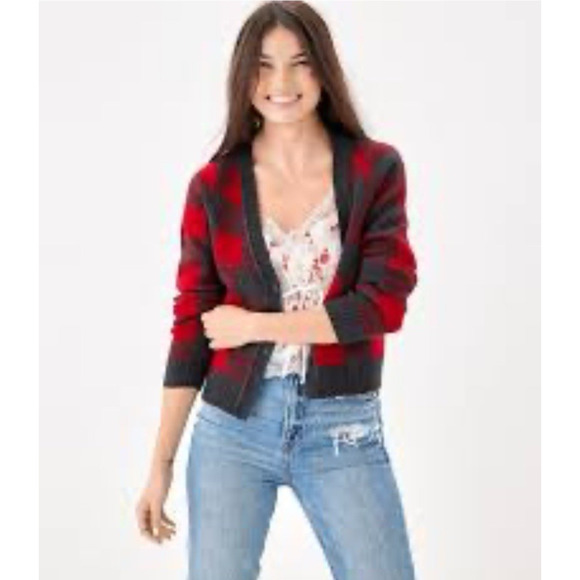 American Eagle Red Grey Plaid Buffalo Check Button Cardigan Large Fall Thick - Picture 1 of 7